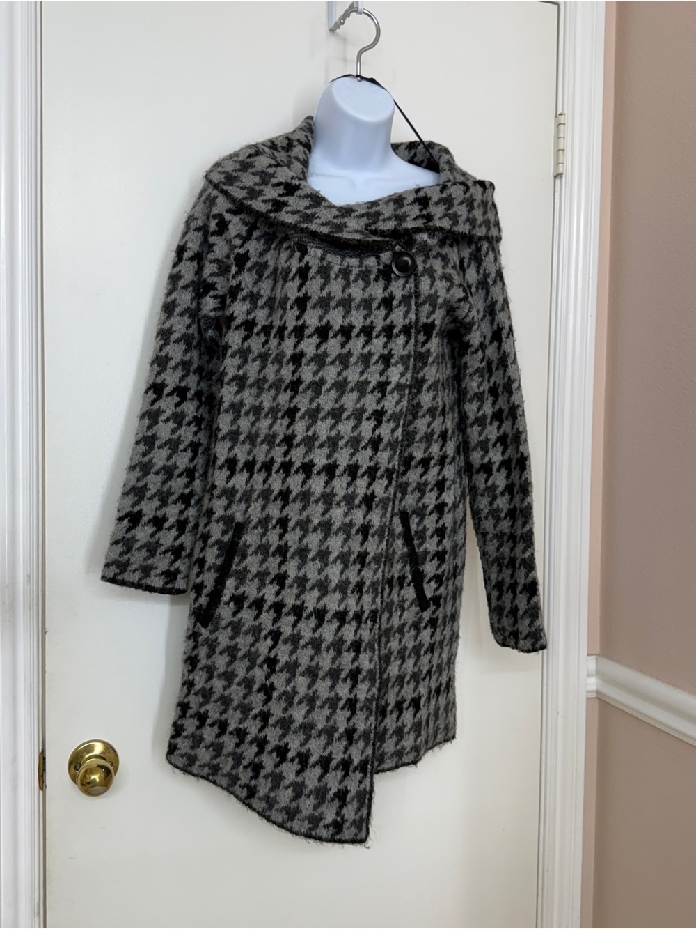 TAHARI Womens Houndstooth Draped Collar Knit Coat Jacket Size Small Gray Black